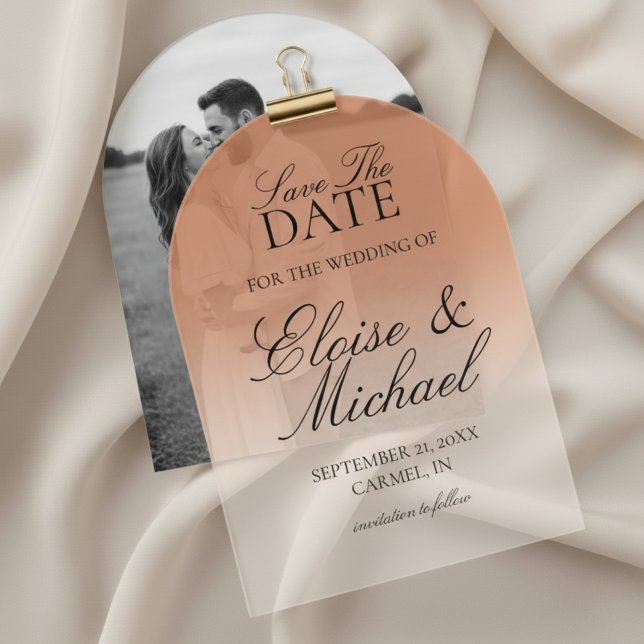 Invitaciones Acrílicas Elegante Gradiente De Terracota Script Guardar La  (Invite guests to mark their calendars with this Elegant Script Gradient Wedding Acrylic Invitation!)