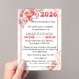 Invitaciones Acrílicas Elegante Graduación Floral de Acuarela Rosa