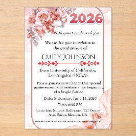 Invitaciones Acrílicas Elegante Graduación Floral de Acuarela Rosa