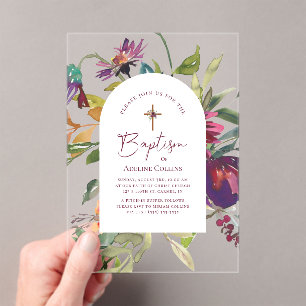 Invitaciones Acrílicas Elegante guión acuarela Borgoña Floral Bautismo