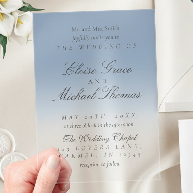 Invitaciones Acrílicas Elegante guión Boda de degradado azul turbio (Invite guests to your big day with this Elegant Script Gradient Wedding Acrylic Invitation!)