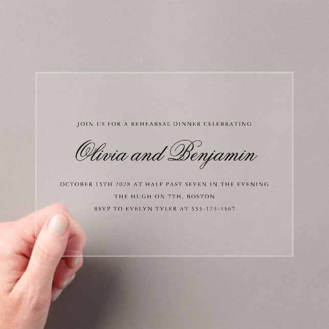 Invitaciones Acrílicas Elegante guión ensayo formal cena transparente (Insitu (portátil))