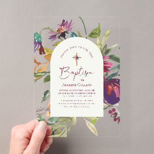 Invitaciones Acrílicas Elegante guion Moderno floral de bautizo burdeos