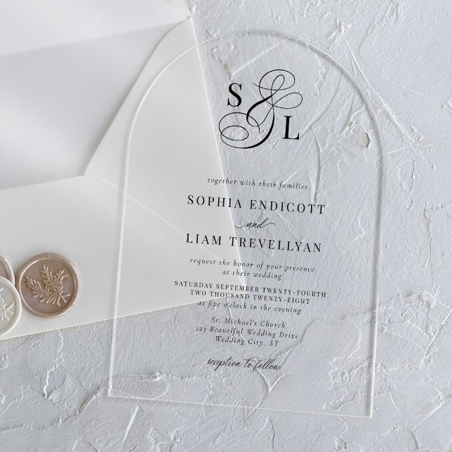 Invitaciones Acrílicas Elegante guión Monograma Boda formal arco (Subido por el creador)