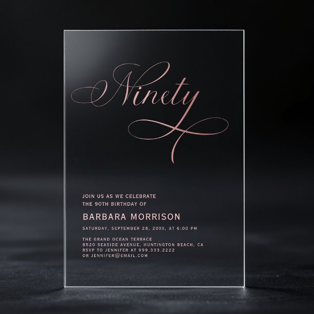 Invitaciones Acrílicas Elegante guión noventa Rosas Oro 90 cumpleaños (Subido por el creador)