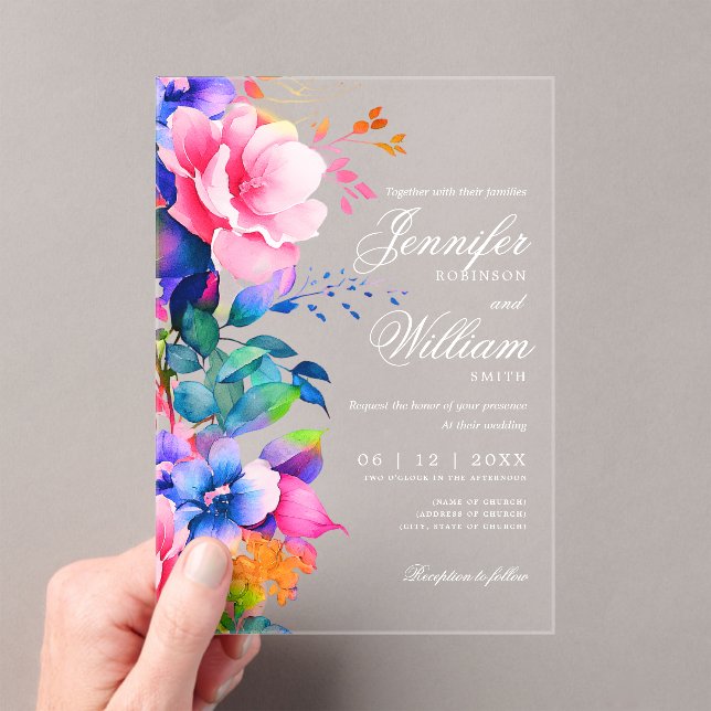Invitaciones Acrílicas Elegante guión romántico Boda floral arcoiris (Insitu (portátil))