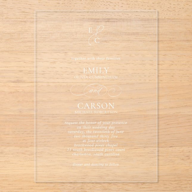 Invitaciones Acrílicas Elegante guión simple Monograma moderno Boda (Anverso)