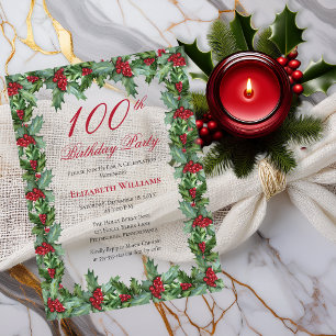 Invitaciones Acrílicas Elegante Holly Berries Frame 100.ª fiesta de cum