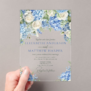 Invitaciones Acrílicas Elegante Hydrangea Azul Roses Blancas Boda Floral