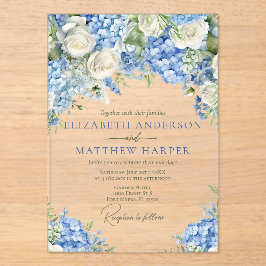 Invitaciones Acrílicas Elegante Hydrangea Azul Roses Blancas Boda Floral