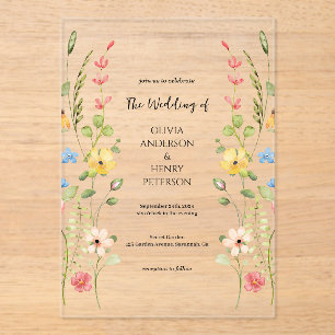 Invitaciones Acrílicas Elegante Jardín de Flores Silvestres Boda de Prima