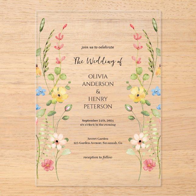Invitaciones Acrílicas Elegante Jardín de Flores Silvestres Boda de Prima (Anverso)