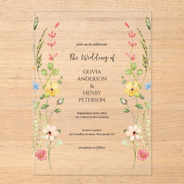 Invitaciones Acrílicas Elegante Jardín de Flores Silvestres Boda de Prima (Anverso)