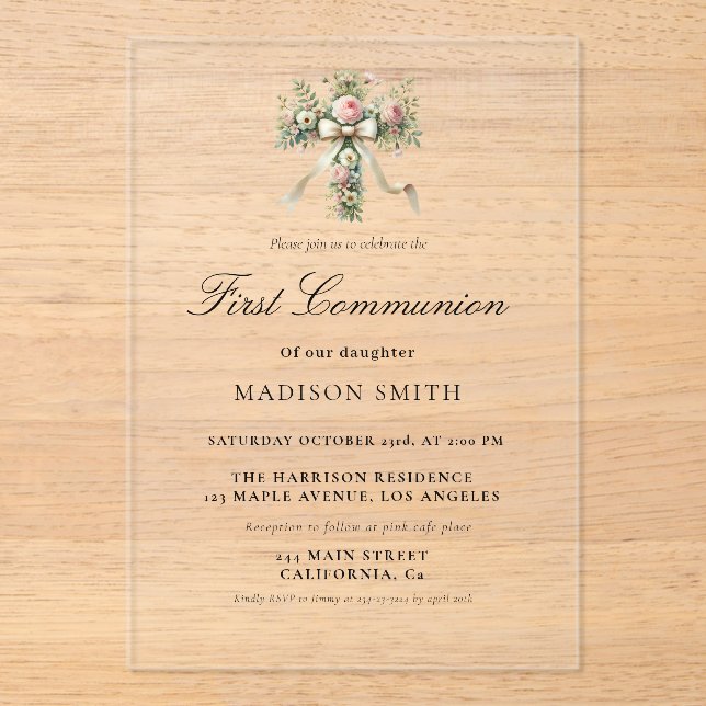 Invitaciones Acrílicas Elegante Jardín de Flores Silvestres Primera Comun (Anverso)