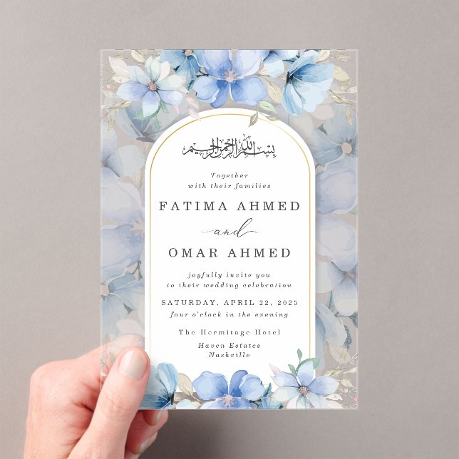 Invitaciones Acrílicas Elegante jardín floral azul Boda musulmán islámico (Insitu (portátil))