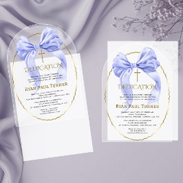 Invitaciones Acrílicas Elegante lazo azul dorado dedicatoria transparente