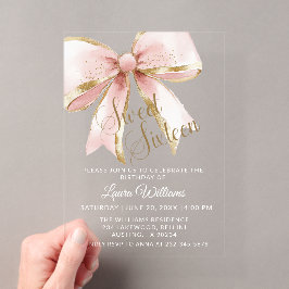 Invitaciones Acrílicas Elegante Lazo Coquette Rosa y Dorado Cumpleaños 16