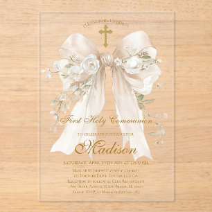 Invitaciones Acrílicas Elegante Lazo de Marfil Primera Comunión Niña