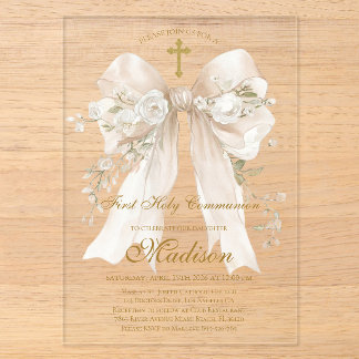 Invitaciones Acrílicas Elegante Lazo de Marfil Primera Comunión Niña