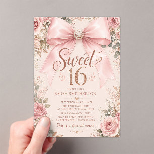 Invitaciones Acrílicas Elegante lazo rosa Coquette Formal Dulces 16