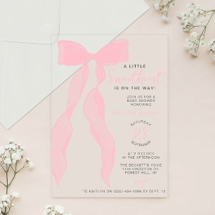 Invitaciones Acrílicas Elegante lazo rosa Corazón Dulce Baby Shower