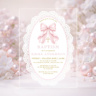Invitaciones Acrílicas Elegante lazo rosa y cruz bautizo de niña