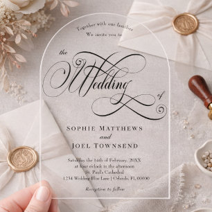 Invitaciones Acrílicas Elegante Lujo Caligrafía Arco Boda Transparente