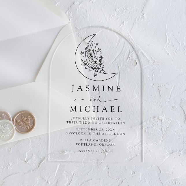 Invitaciones Acrílicas Elegante Luna Botánica Negra y Boda de Estrellas (Subido por el creador)