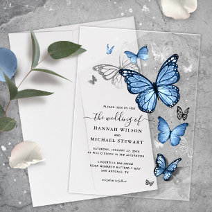 Invitaciones Acrílicas Elegante Luz de Plata Azul Bebé Mariposa Boda