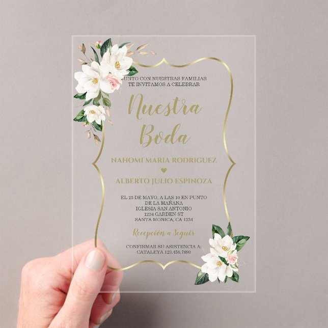 Invitaciones Acrílicas Elegante Magnolia Oro España Nuestra Boda (Insitu (portátil))