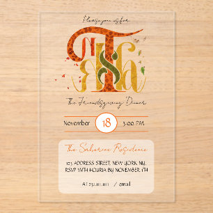 Invitaciones Acrílicas Elegante Manuscrito Gracias Follaje de Otoño