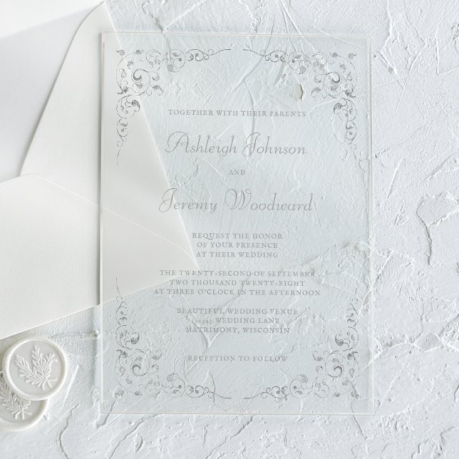 Invitaciones Acrílicas Elegante marco botánico de escritura de plata vint (Subido por el creador)