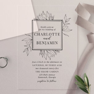 Invitaciones Acrílicas Elegante marco botánico negro boda