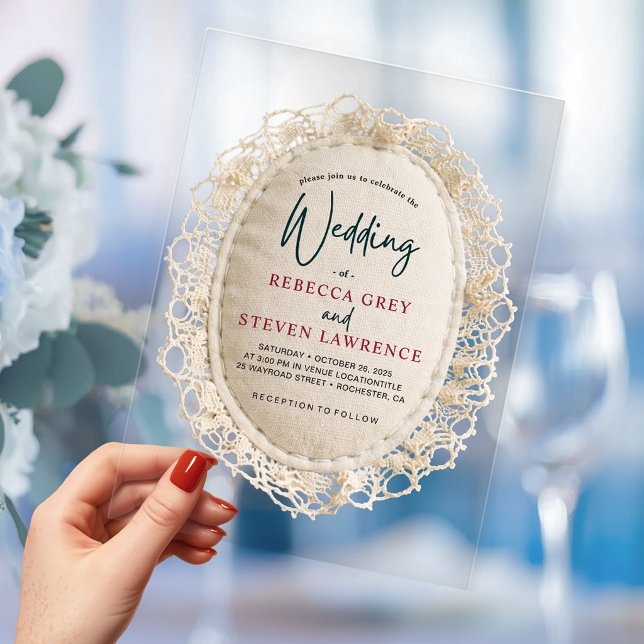Invitaciones Acrílicas Elegante Marco de Encaje Falso Bodas Vintage (Subido por el creador)