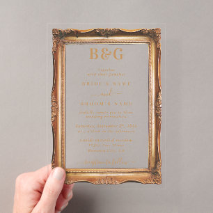 Invitaciones Acrílicas Elegante marco de oro falso monograma boda claro