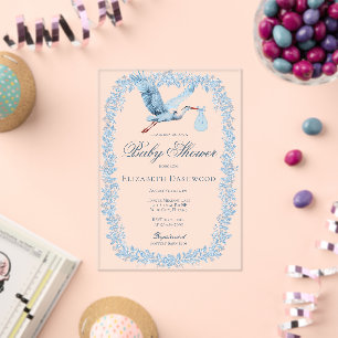 Invitaciones Acrílicas Elegante marco de toile floral azul Stork Baby Sho