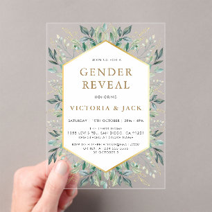 Invitaciones Acrílicas Elegante marco de verde dorado género revelación