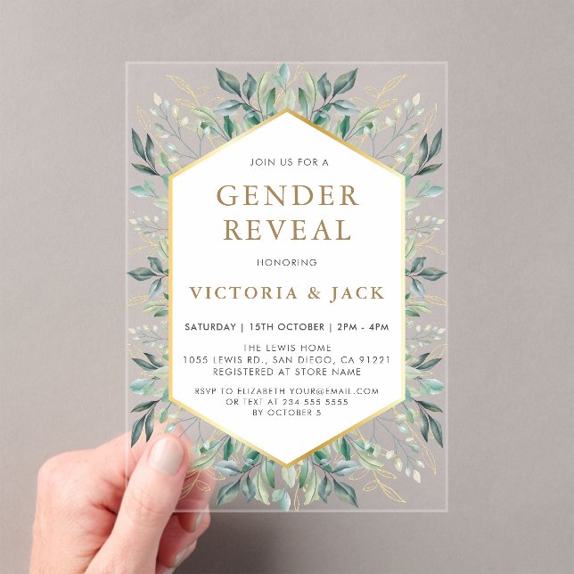 Invitaciones Acrílicas Elegante marco de verde dorado género revelación (Insitu (portátil))