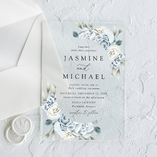 Invitaciones Acrílicas Elegante Marco Floral Azul Polvoriento para Boda
