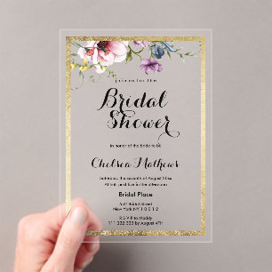 Invitaciones Acrílicas Elegante marco floral dorado rosa Bridal Shower
