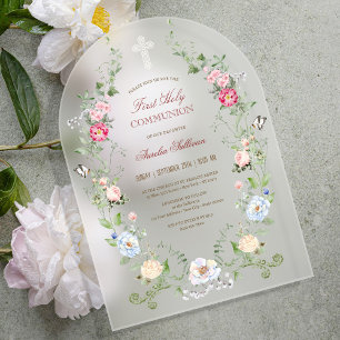 Invitaciones Acrílicas Elegante Marco Floral Primera Comunión