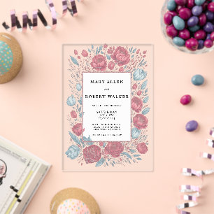 Invitaciones Acrílicas Elegante marco floral rosa malva azul claro boda