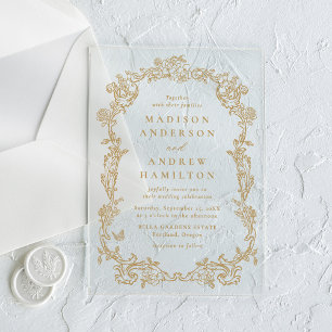 Invitaciones Acrílicas Elegante Marco Floral Victoriano de Oro para Boda