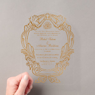 Invitaciones Acrílicas Elegante marco vintage de oro blanco para boda isl