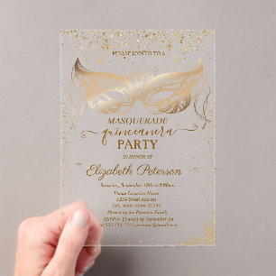 Invitaciones Acrílicas Elegante Máscara Estrellas Confeti Quinceañera