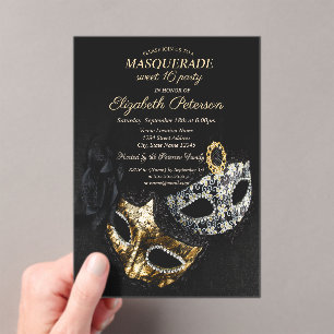 Invitaciones Acrílicas Elegante Máscara Negra, Máscara Cumpleaños Dulce 1