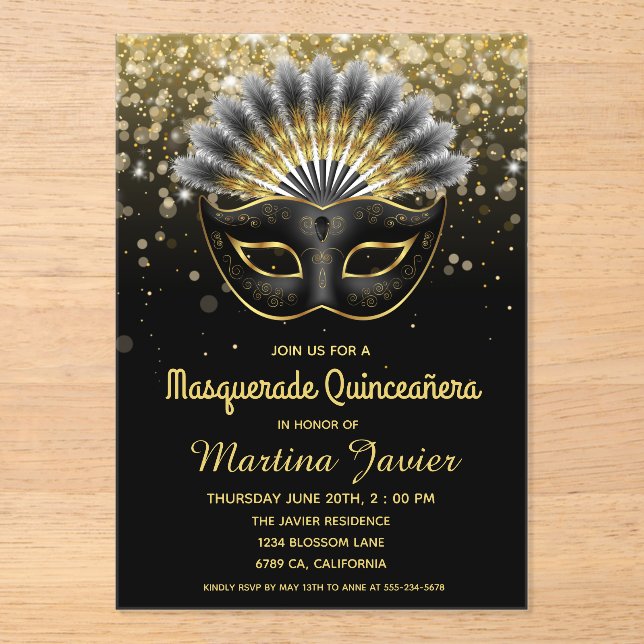 Invitaciones Acrílicas Elegante mascarada Quinceañera 15º cumpleaños (Anverso)