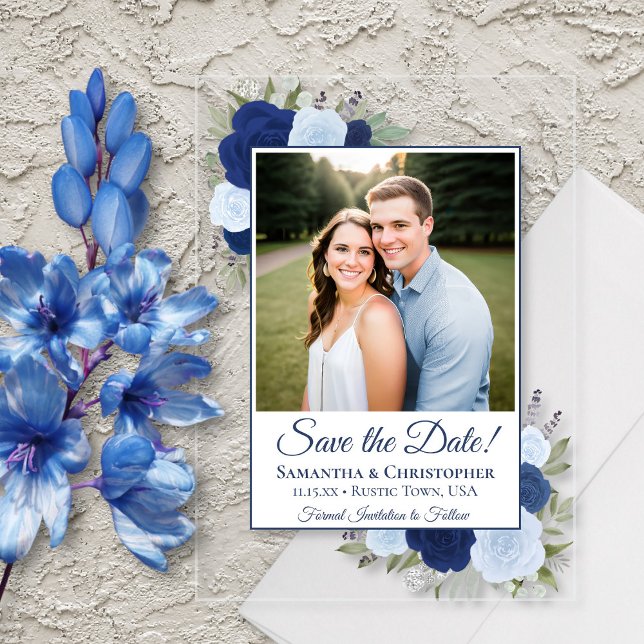 Invitaciones Acrílicas Elegante matrimonio de Rosas azules salva la foto  (Clear Acrylic with Rectangle Cut)