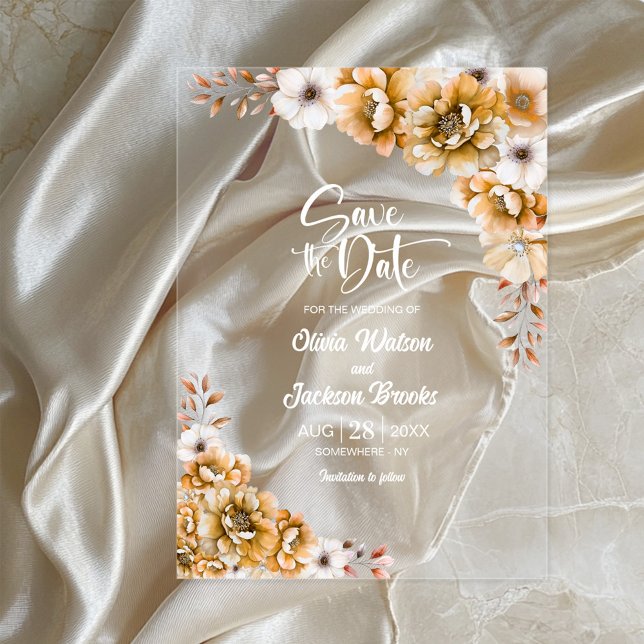 Invitaciones Acrílicas Elegante matrimonio floral Naranja Guardar la fech (Subido por el creador)