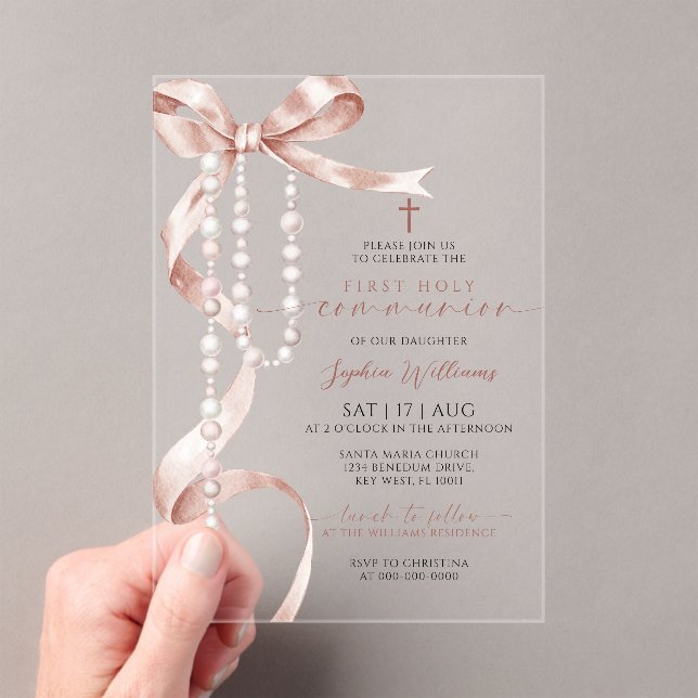 Invitaciones Acrílicas Elegante Mocha Bow & Rosary Primera Santa Comunión (Insitu (portátil))